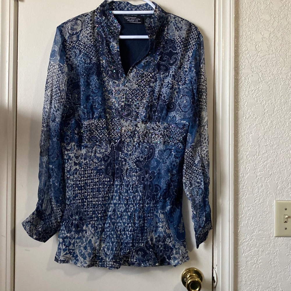 New York City Design Co Blue Silk Sequin Beaded Patchwork Paisley Tunic Top L
